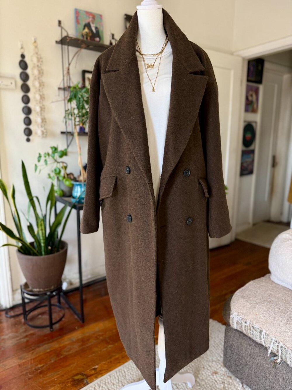 Lucky Brand Tweed Double Breasted Coat | Dark Brown (Size L)